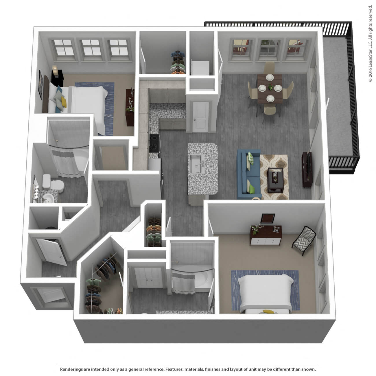 Floor plan for 2 beds, 2 baths, 1233 sqft